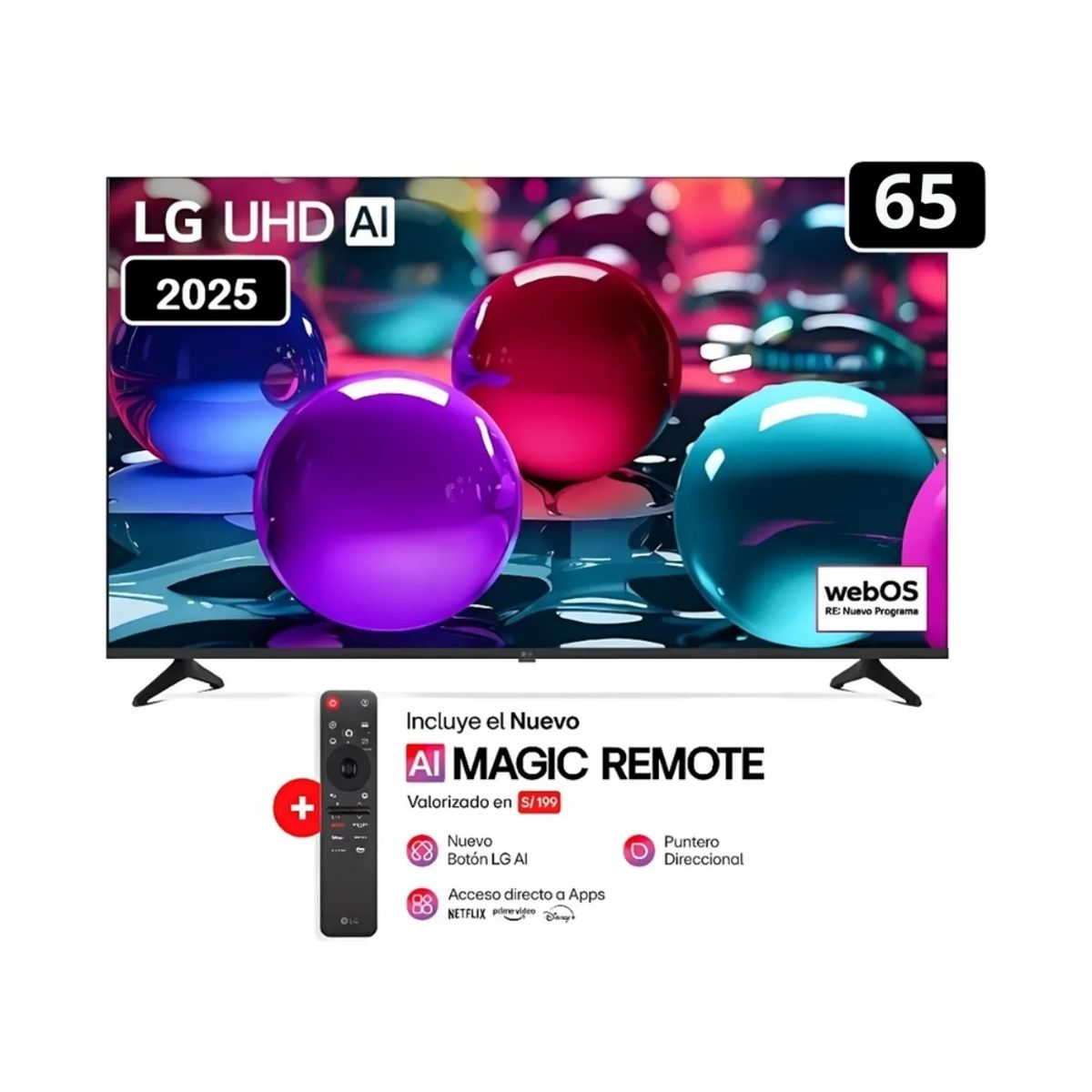 LG - Televisor Lg 65" Pulg Ultra HD 4K AI ThinQ 65UA7300 Modelo 2025- Negro + Control Magic 2025