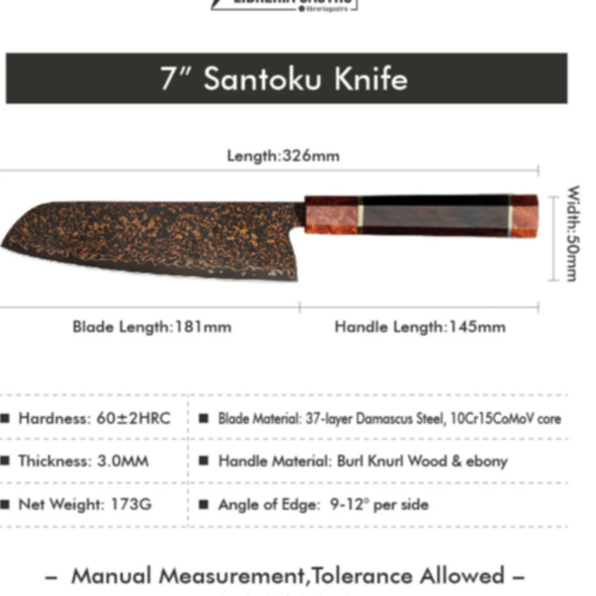 GENERICO - Cuchillo Santoku #7 Japones, Damasco 37 capas, núcleo 10Cr15CoMoV.