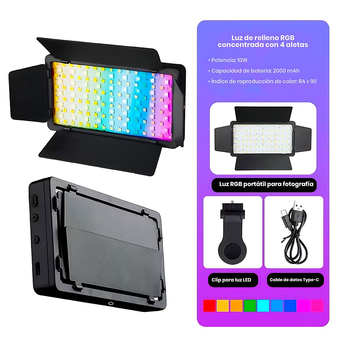 GENERICO - Mini Panel Luz Led 300 RGB Con Viseras Recargable Para Fotografia