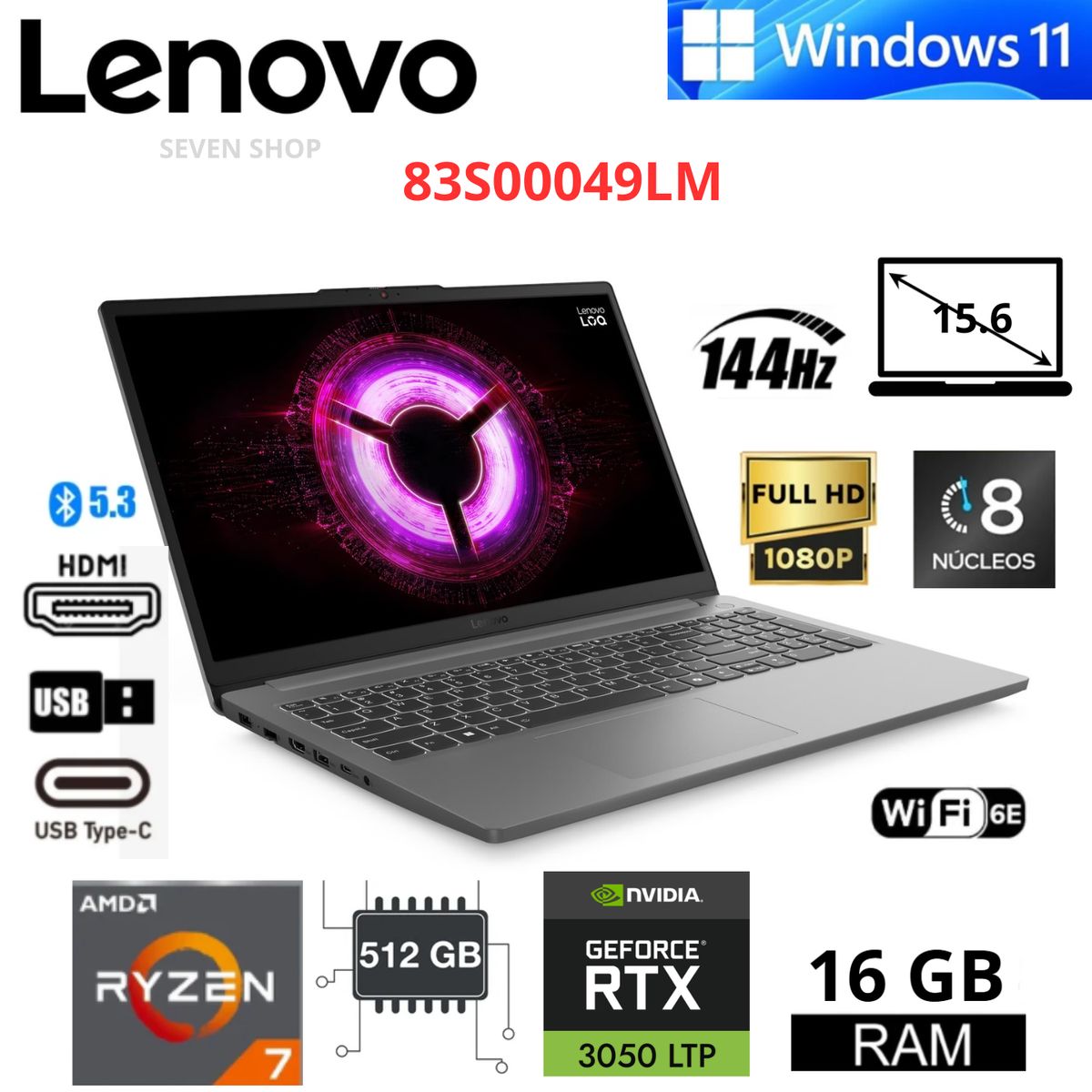 LENOVO - Laptop Lenovo loq essential   15.6" FHD 144Hz Ryzen 7 7735HS 16GB RAM 512GB SSD RTX 3050  83S00049LM