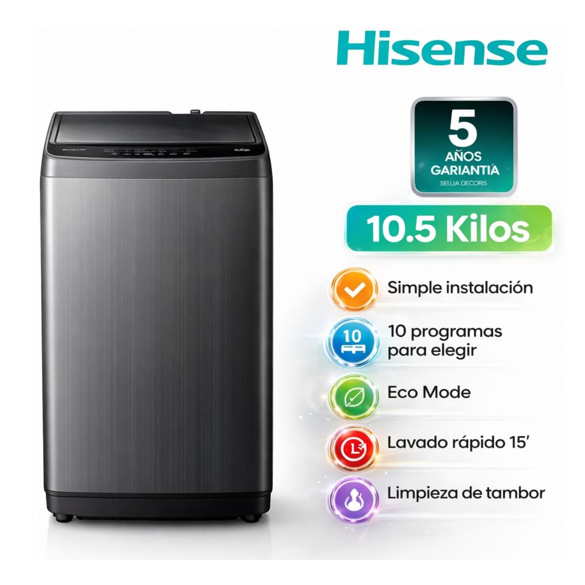 Hisense - Lavadora Hisense Carga Superior 10.5kg WT1D1030UT
