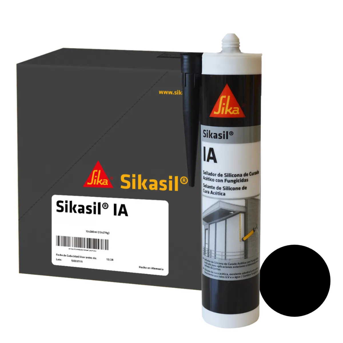 SIKA - Pack 12 unidades Sikasil IA Negro - Sellante de silicona multiuso para vidrios y ventanas 280 ml
