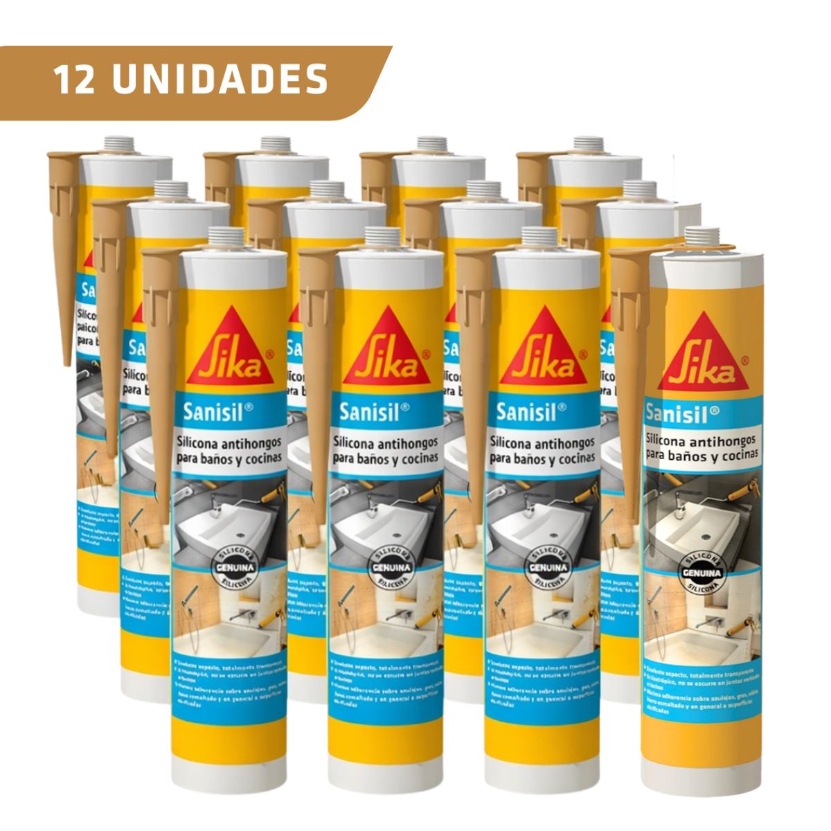 SIKA - Pack 12 unidades Sanisil Beige - Sellante de silicona multiuso para áreas sanitarias 280 ml