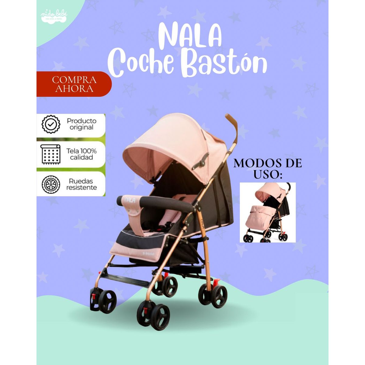 GENERICO - Coche Baston NALA Color Rosa Claro - PREMIUM