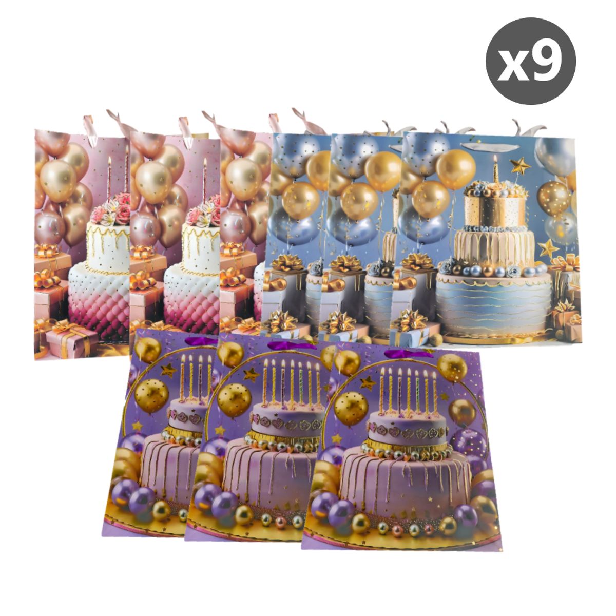 GENERICO - Kit x9 Bolsas de Regalo 32 cm con 3 diseños de cumpleaños