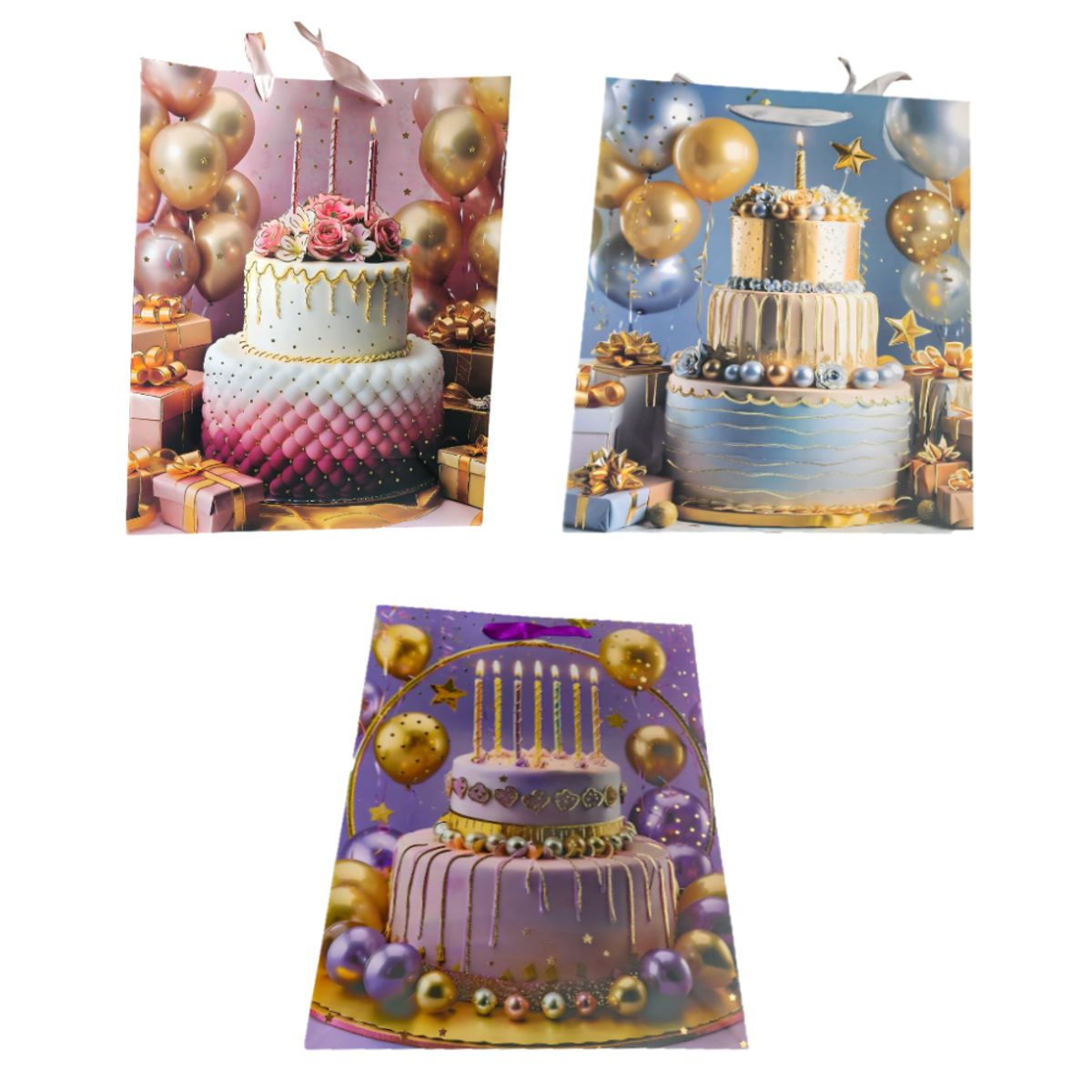 GENERICO - Kit x3 Bolsas de Regalo 39 cm con 3 diseños de cumpleaños