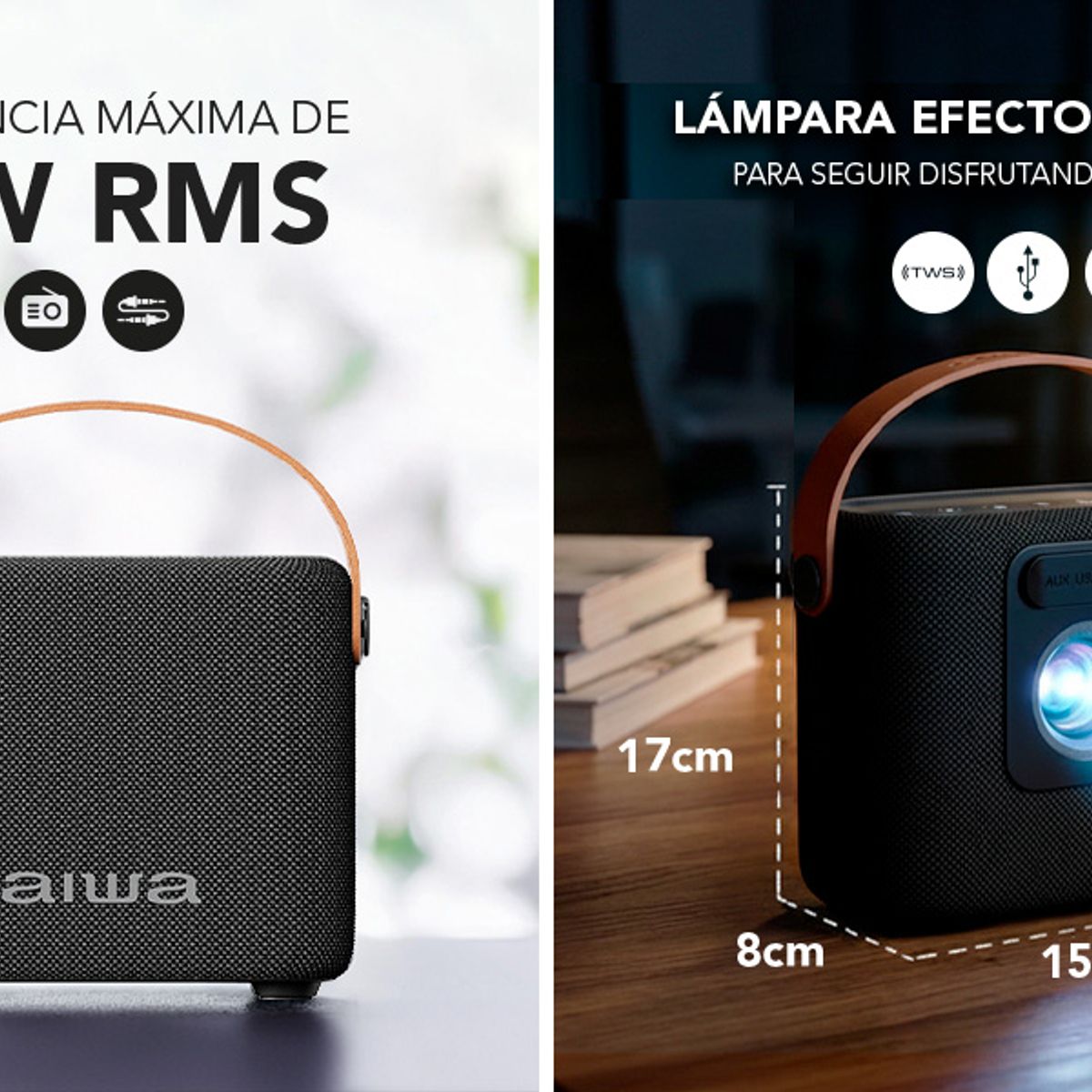 AIWA - AIWA AWSS70BTC NEGRO - PARLANTE BLUETOOTH PORTATIL CON PROYECTOR LUCES RGB - 7 WATTS