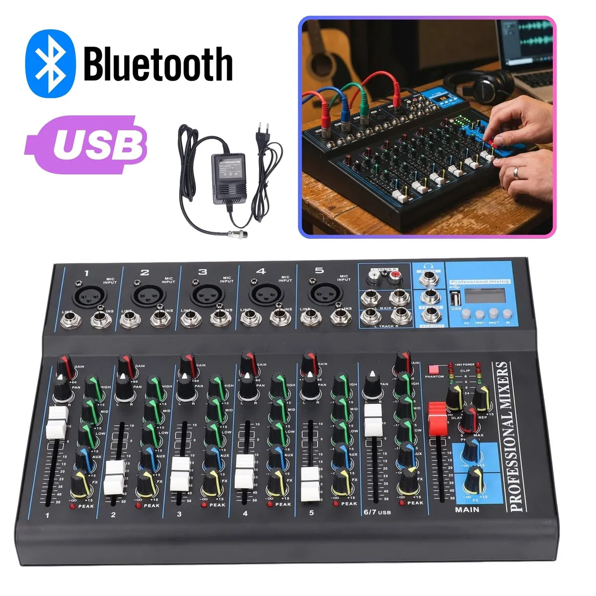 SEISA - Consola Mezcladora De Audio Portátil 7 Canales Interfaz de Sonido USB y  Bluetooth