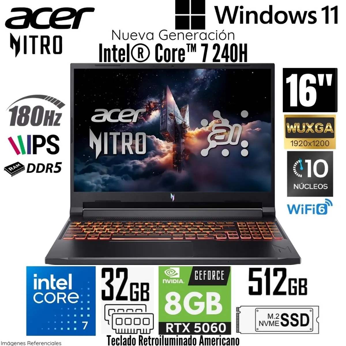 ACER - Laptop Acer Nitro V 16 ANV16-72-7809 Intel Core 7 240H 32GB RAM 512GB SSD RTX 5060-8GB 16"  WUXGA