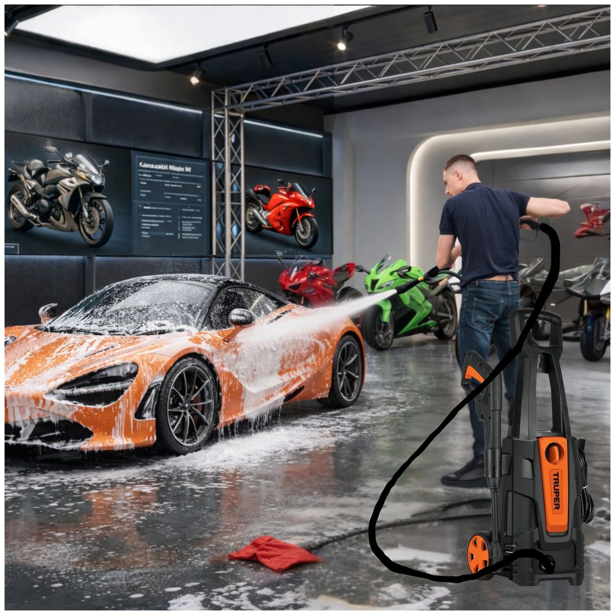 TRUPER - Hidrolavadora ALTA PRESION 1800 PSI + manguera PPPREMIUM 10m TRUPER