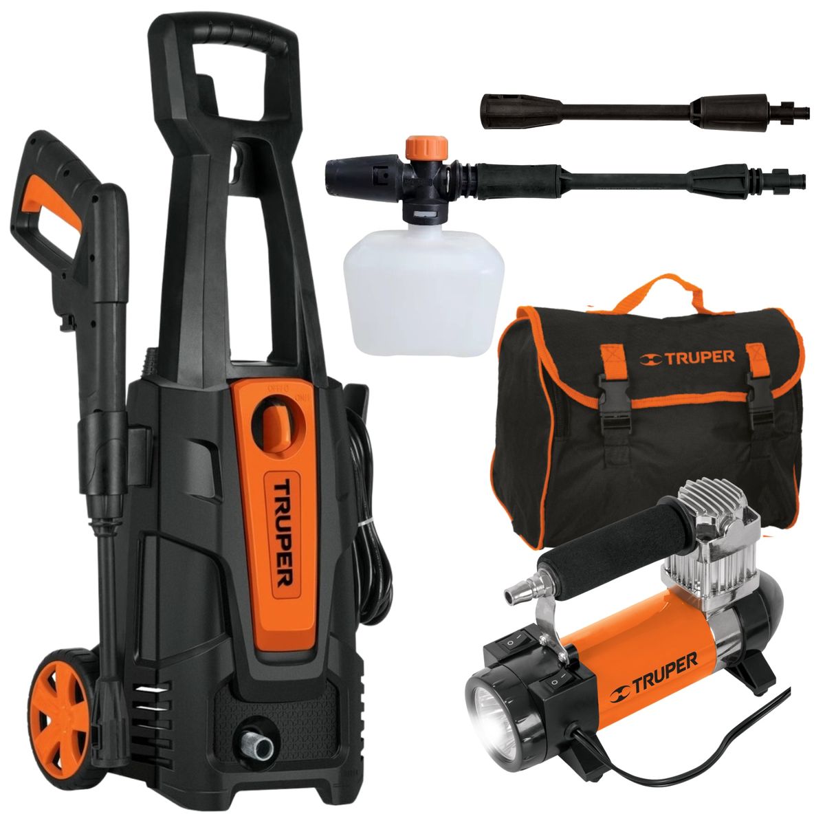 TRUPER - Combo hidrolavadora alta Presión 1800PSI + compresor de aire linterna