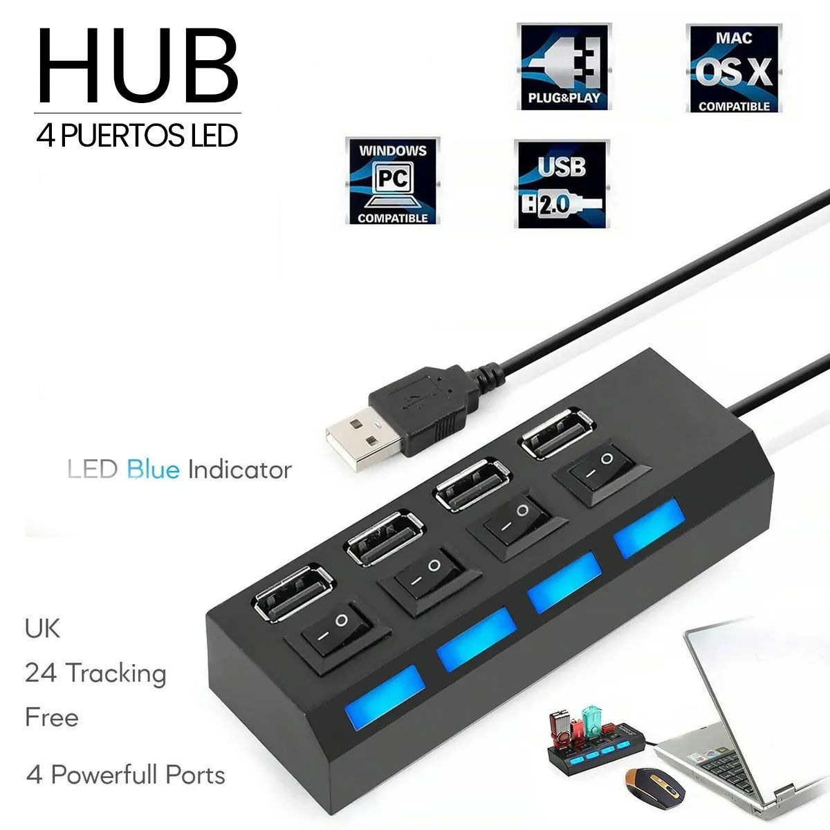 SEISA - Hub USB 4 Puertos SEISA Con Switch Individual Alta Velocidad 480 Mbps