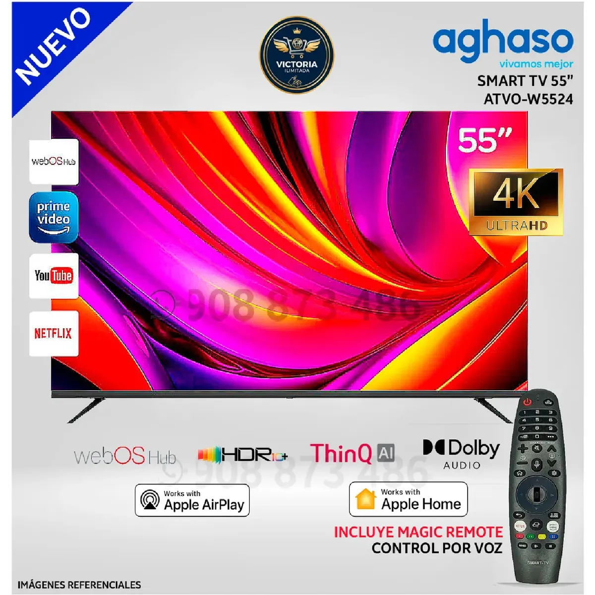 AGHASO - Televisor AGHASO ATVO-W5524 Smart TV 55” Ultra HD 4K con Control de Voz