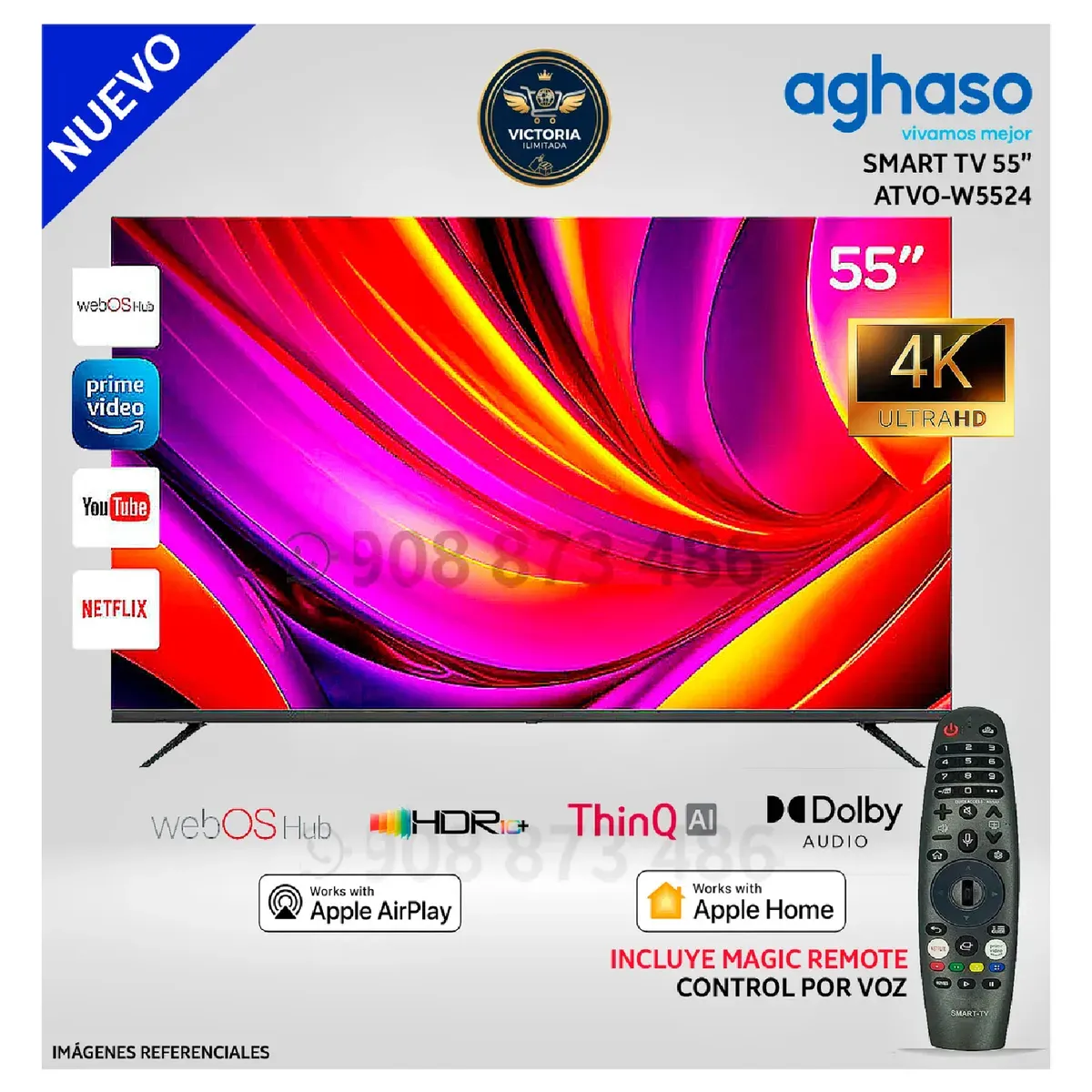 AGHASO - Televisor AGHASO ATVO-W5524 Smart TV 55” Ultra HD 4K con Control de Voz