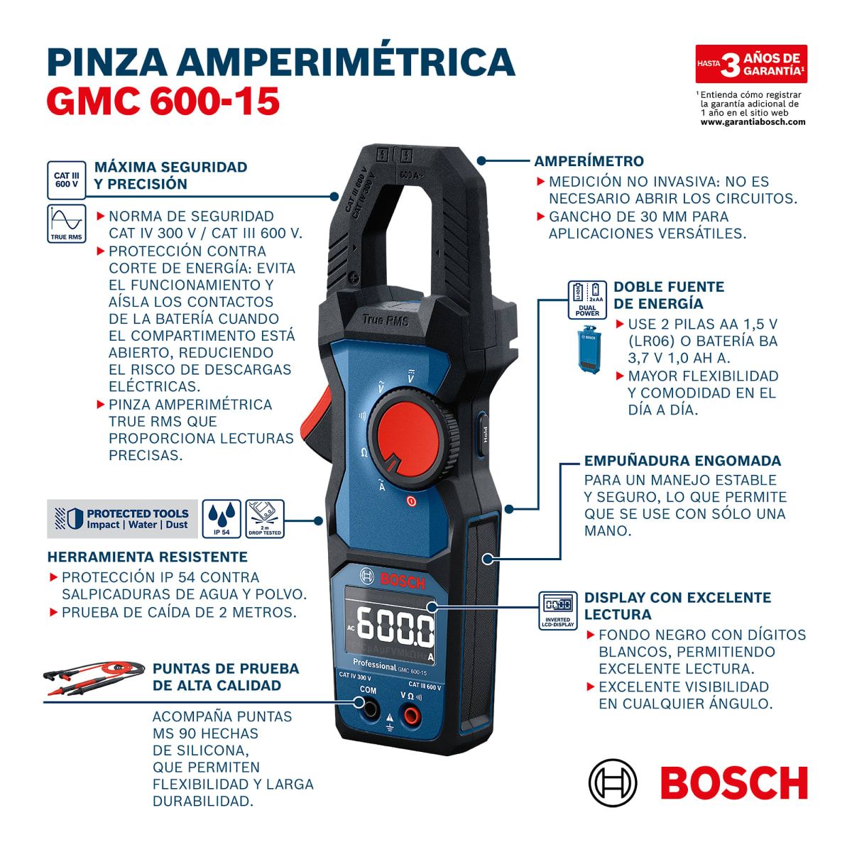 BOSCH - Pinza amperimétrica con gancho 600v gmc 600-15 bosch 0601.077.601