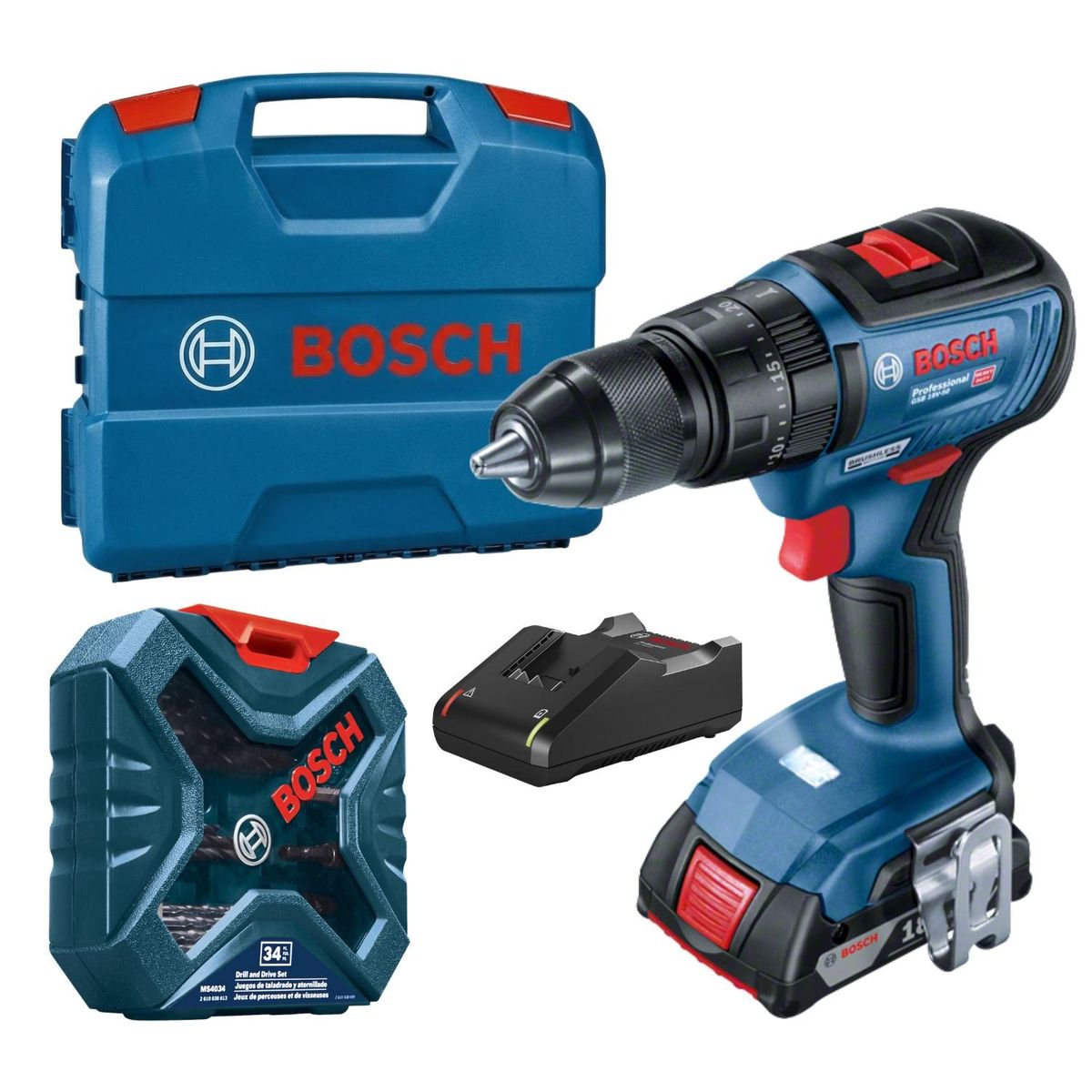 BOSCH - Taladro Percutor 1/2" 18V Brushless + 1bat + Set 34pcs Bosch