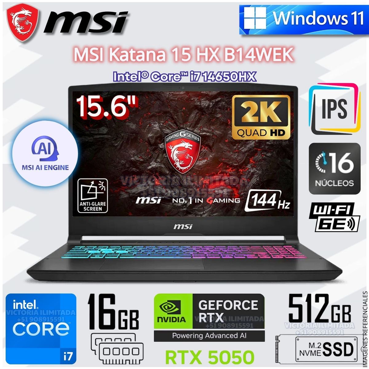 MSI - Laptop Gamer MSI KATANA 15 15.6" Intel® Core™ i7 14650HX 16GB RAM 512GB SSD GEFORCE RTX5050 B14WEK-001US Negro