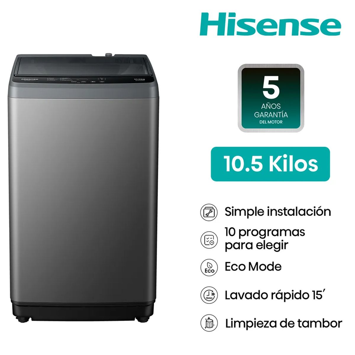 HISENSE - Lavadora Hisense Carga Superior 10.5kg WT1D1030UT