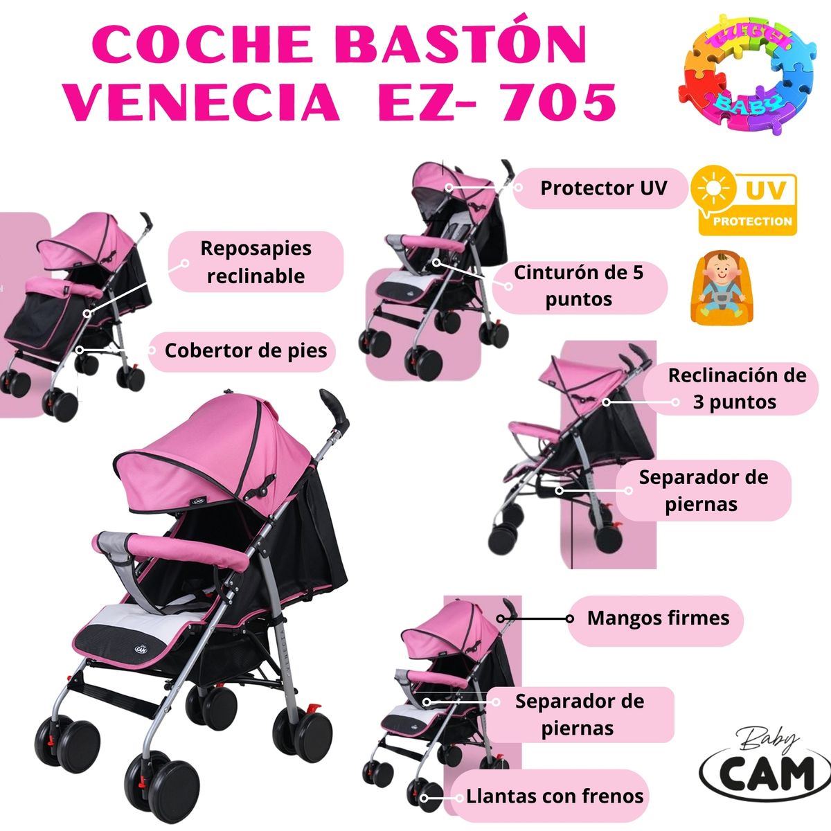 HI BABY - COCHE BASTON RECLINABLE "VENECIA" EZ - 705 - ROSADO