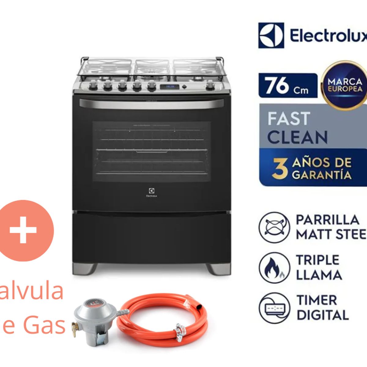 ELECTROLUX - Cocina Freestanding Electrolux A Gas 5 Quemadores Triple Llama 76USR + Valvula de Gas