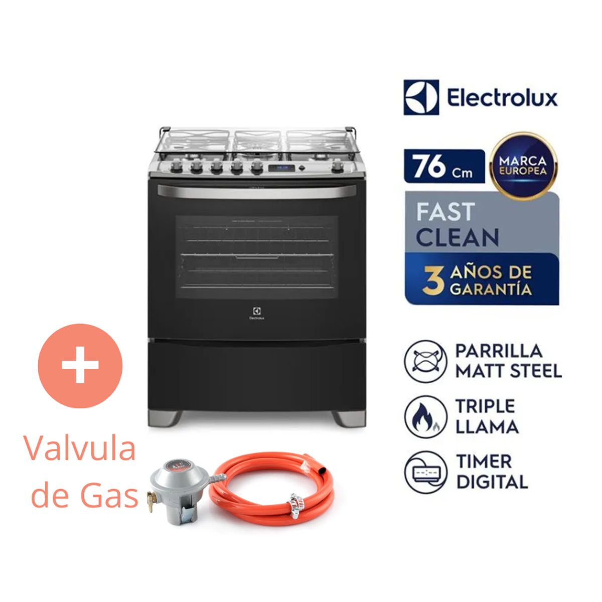 ELECTROLUX - Cocina Freestanding Electrolux A Gas 5 Quemadores Triple Llama 76USR + Valvula de Gas