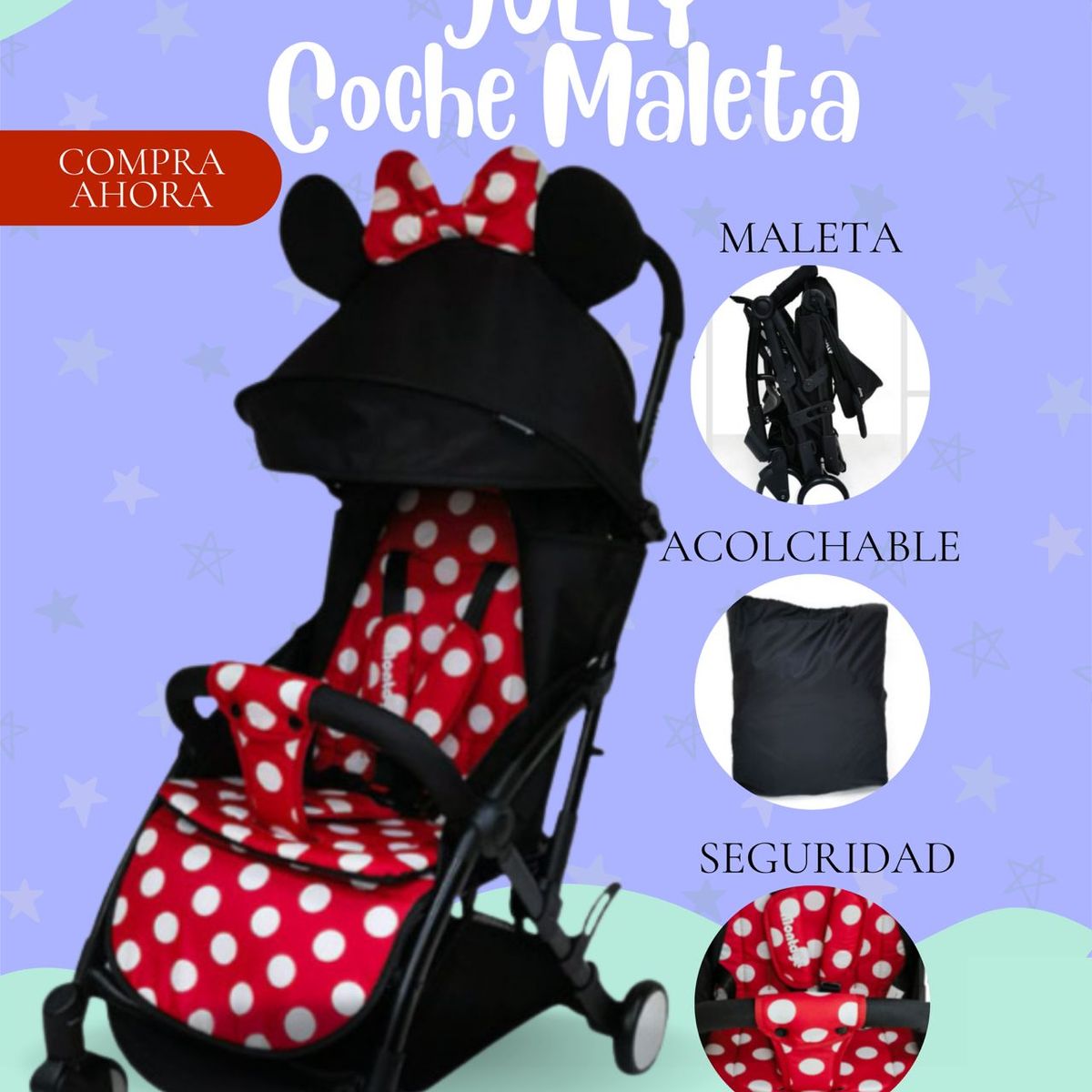 GENERICO - Coche Maleta Joly Color NEGRO CON ROJO PREMIUM