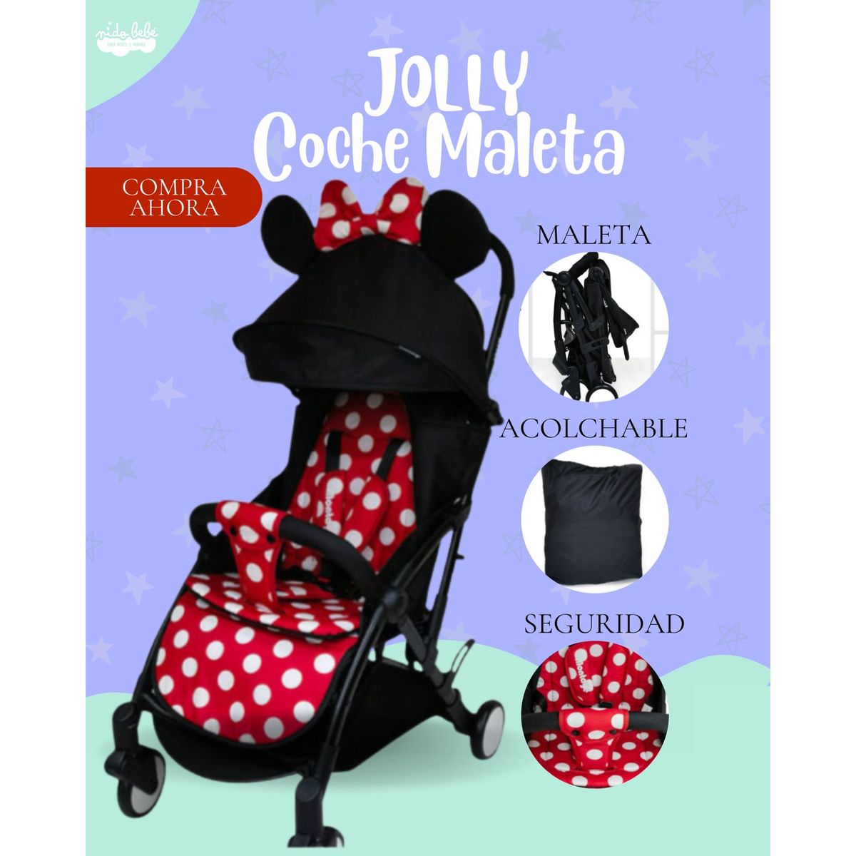 GENERICO - Coche Maleta Joly Color NEGRO CON ROJO PREMIUM
