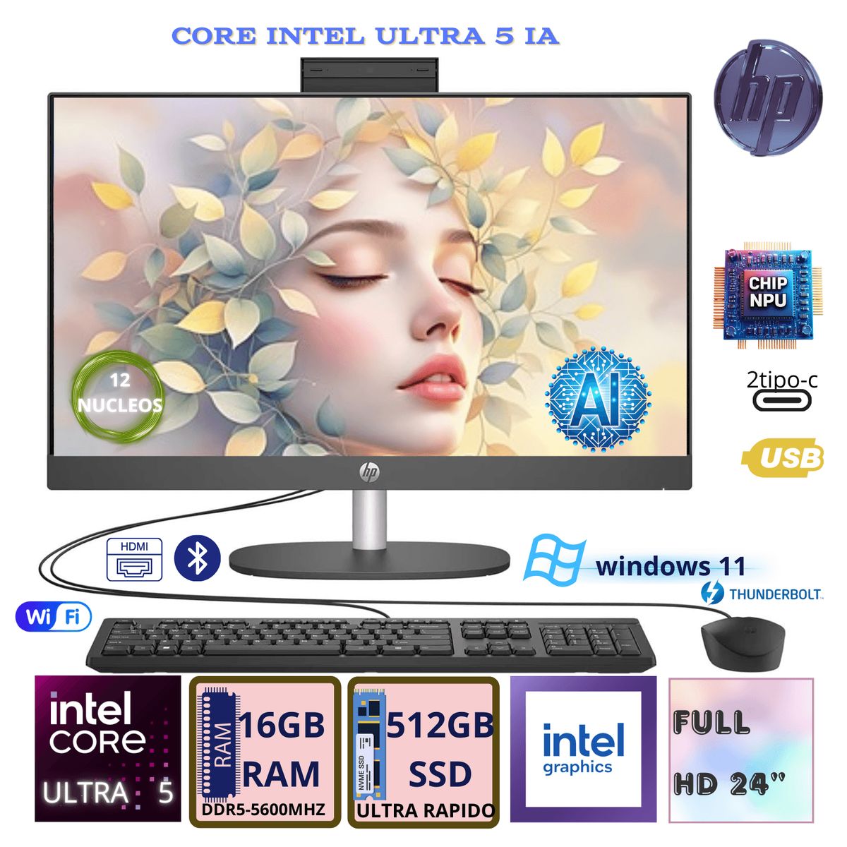 HP - HP ProOne 240 G10 AIO  FHD IPS  Intel Core Ultra 5-125U  16GB DDR5  SSD 512GB  Windows 11  Cámara 5MP