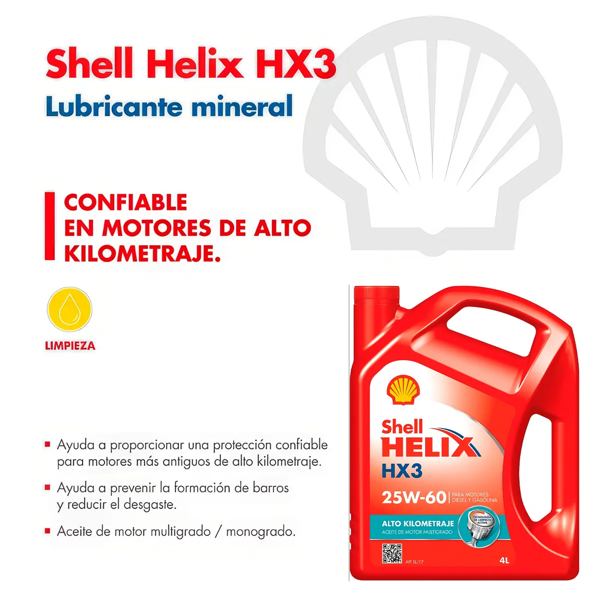 GENERICO - Aceite de Motor Shell Helix Alta Kilometraje HX3 25W-60 4LT