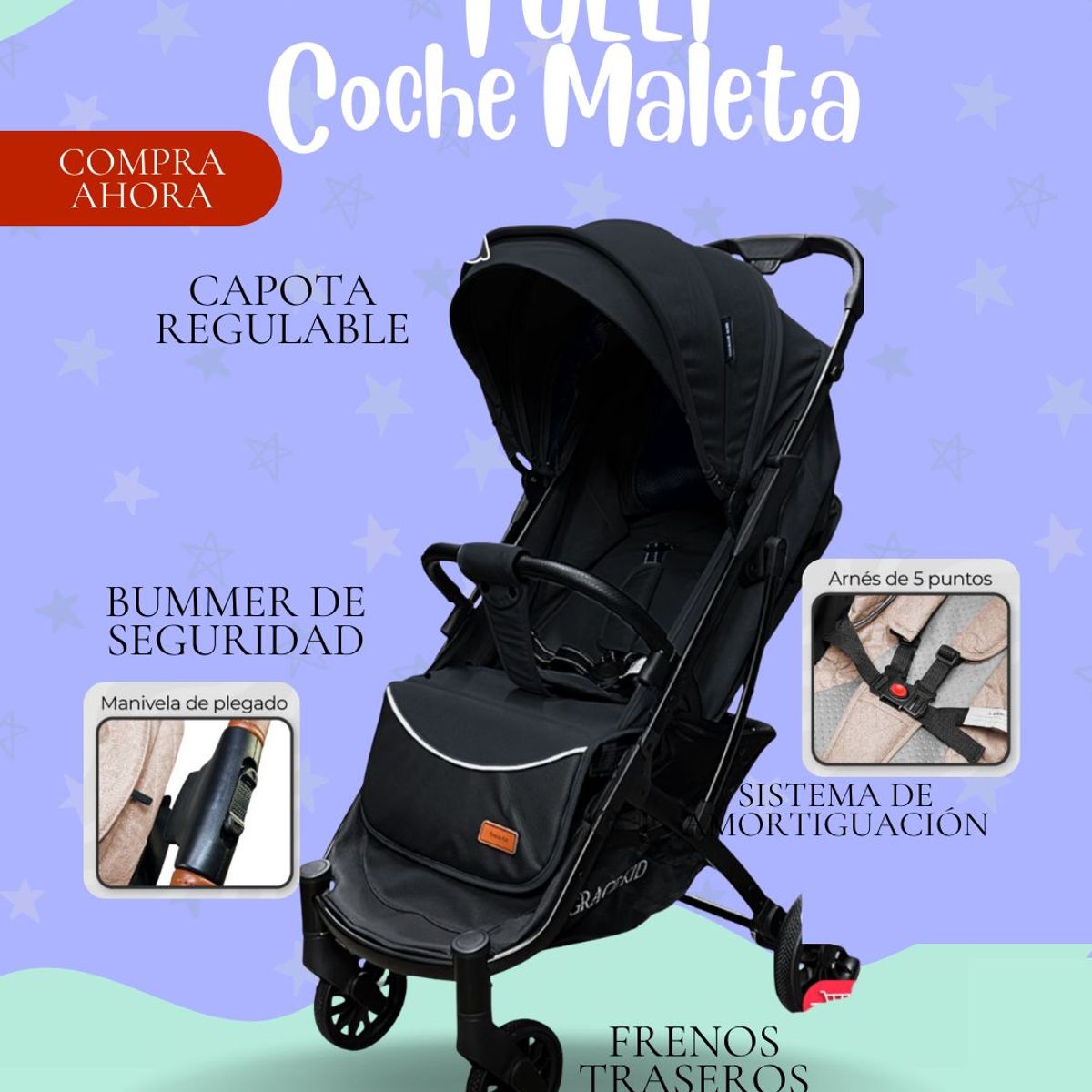 GENERICO - Coche Maleta para Bebe  Modelo TULLI - Color NEGRO - PREMIUM