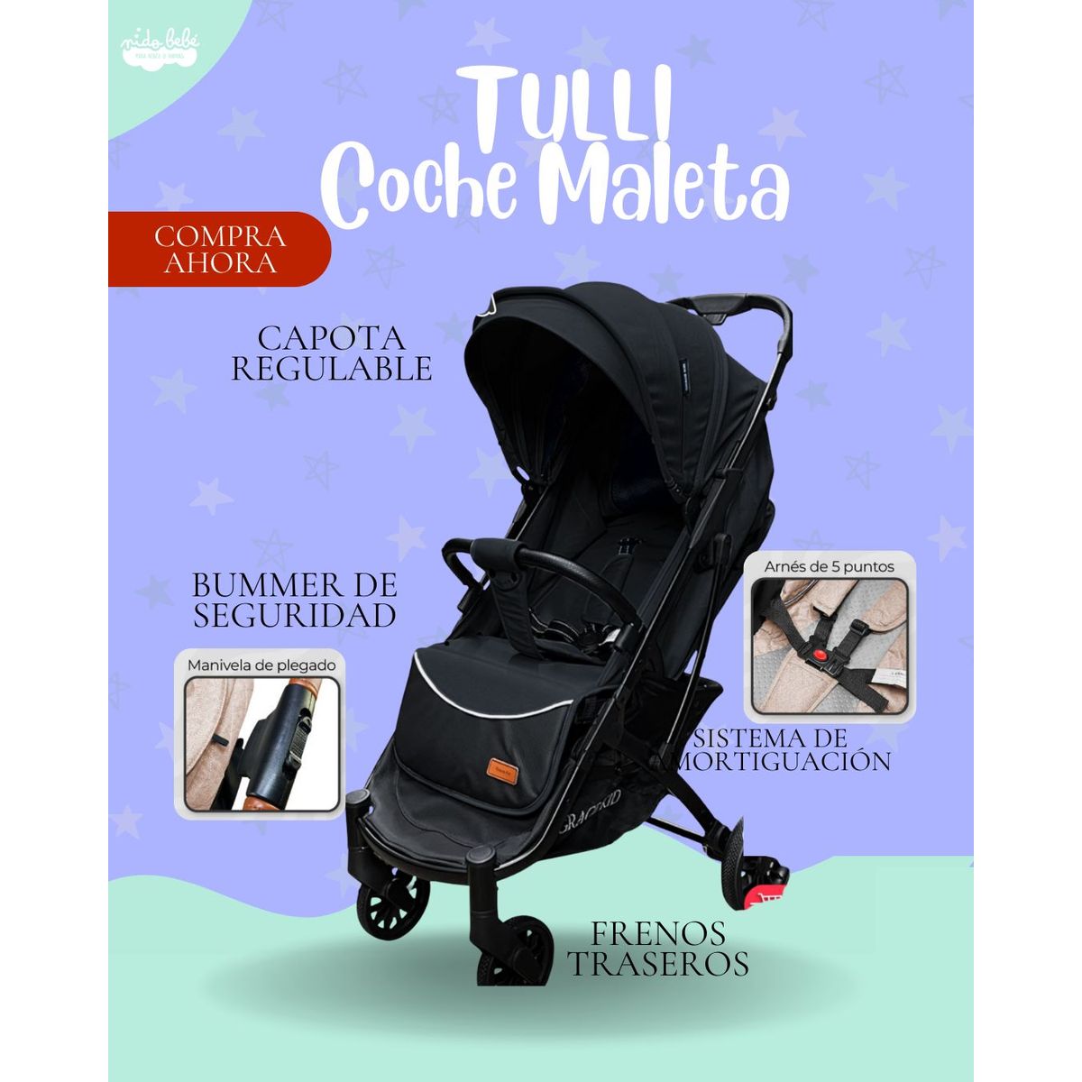 GENERICO - Coche Maleta para Bebe  Modelo TULLI - Color NEGRO - PREMIUM
