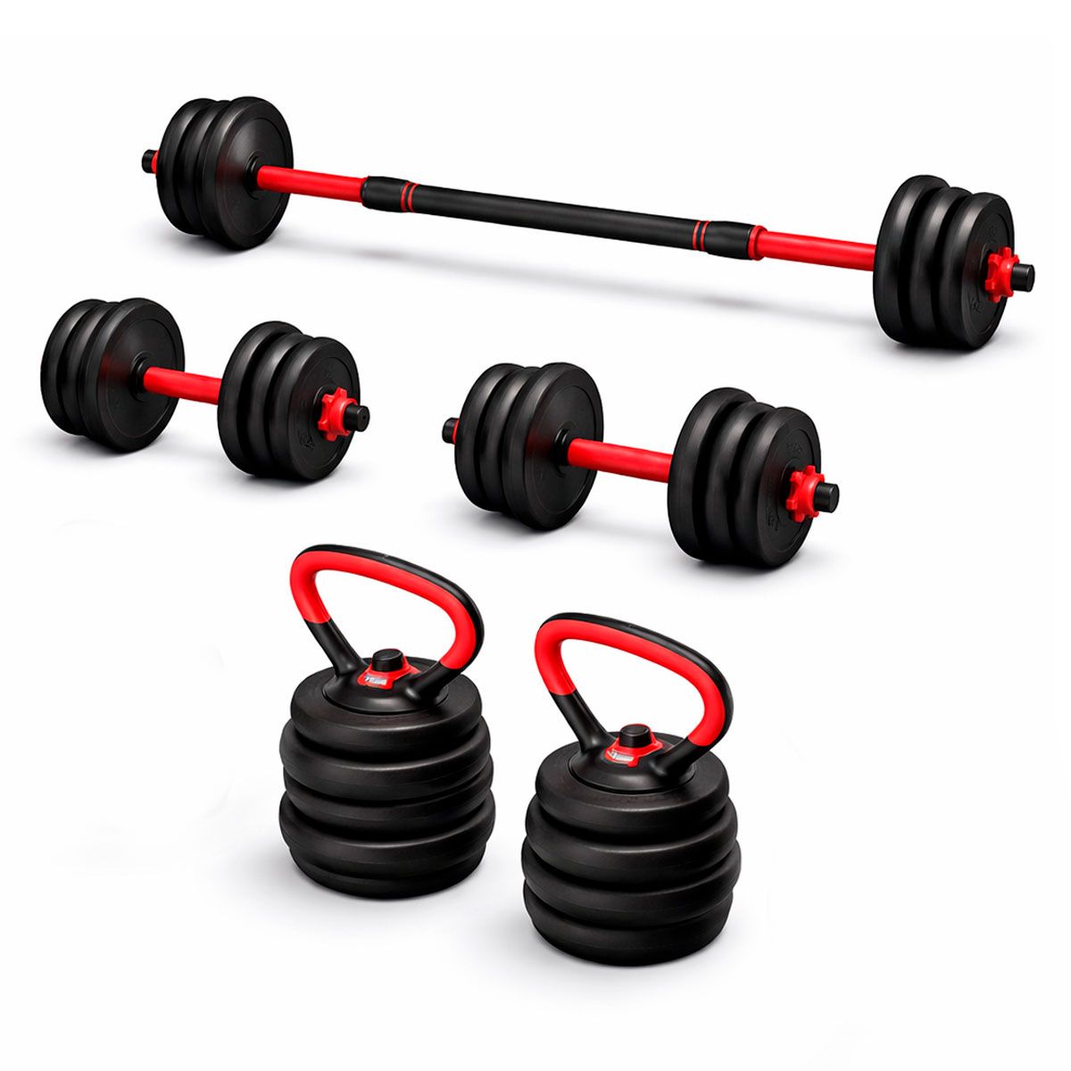 GENERICO - Pesas Ajustables 30KG Todo en Uno - Barra + Mancuernas + Kettlebell