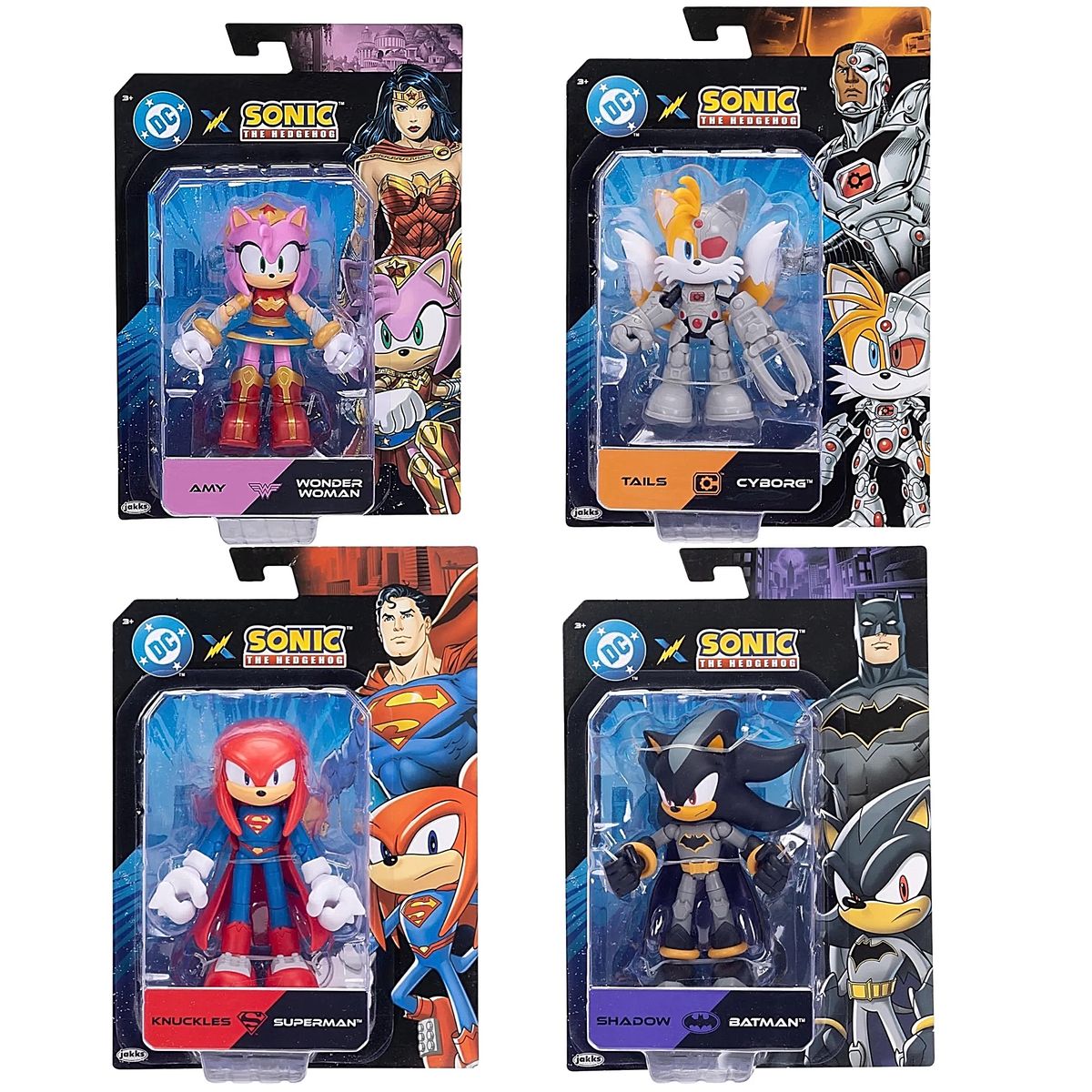 JAKKS PACIFIC - 4 Pack DC x Sonic Batman Shadow Superman Knuckless Cyborg Tails Amy Mujer Maravilla