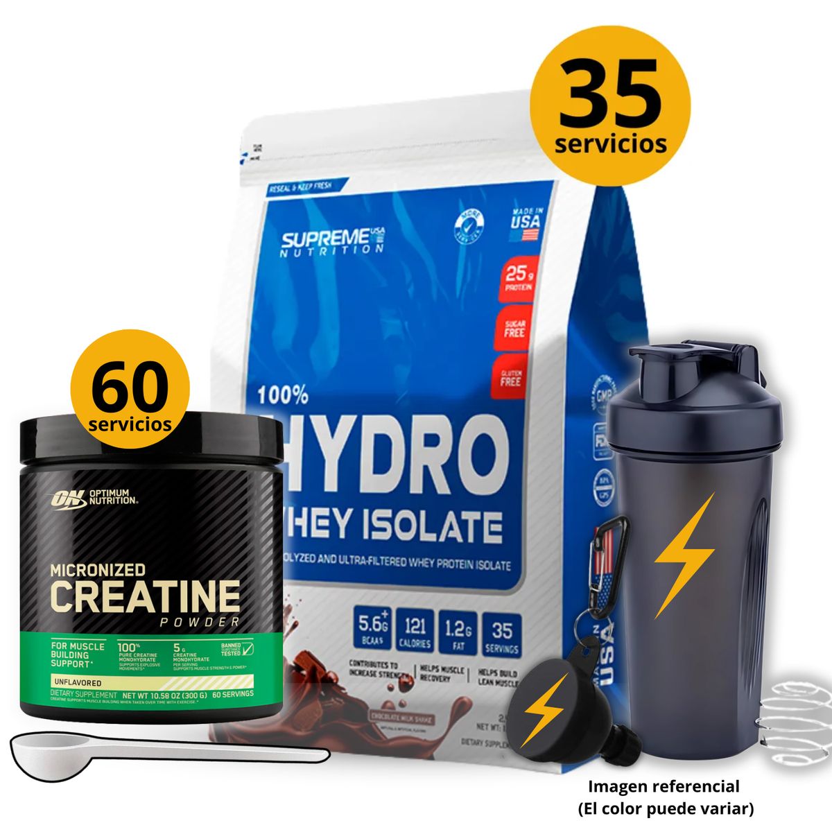 SUPREME NUTRITION - HYDROWHEY ISOLATE DE 1kg CHOCOLATE + CREATINA OPTIMUM NUTRITION DE 300GR + REGALOS