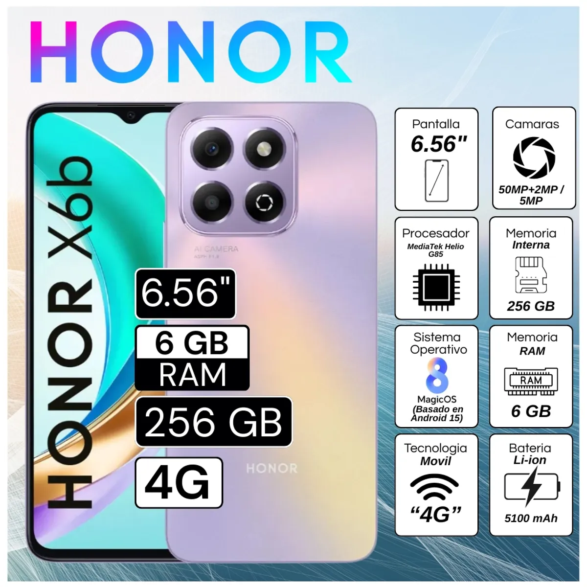 HONOR - Celular Honor X6B 6.56"  Pulg. 6GB RAM 256GB RAM MagicOS 8.0 - Morado Estelar
