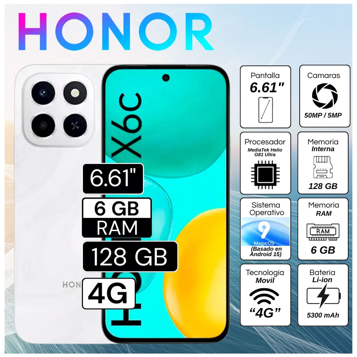 HONOR - Celular Honor X6C 6.61"  Pulg. 6GB RAM 128GB RAM MagicOS 9.0 - Blanco Lunar