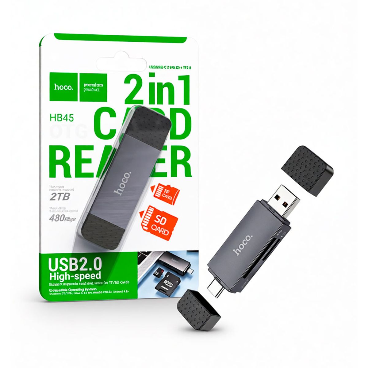 HOCO - Lector De Memoria Hoco HB45 2 En 1 Tipo C / Usb2.0 Up 2tb Gris