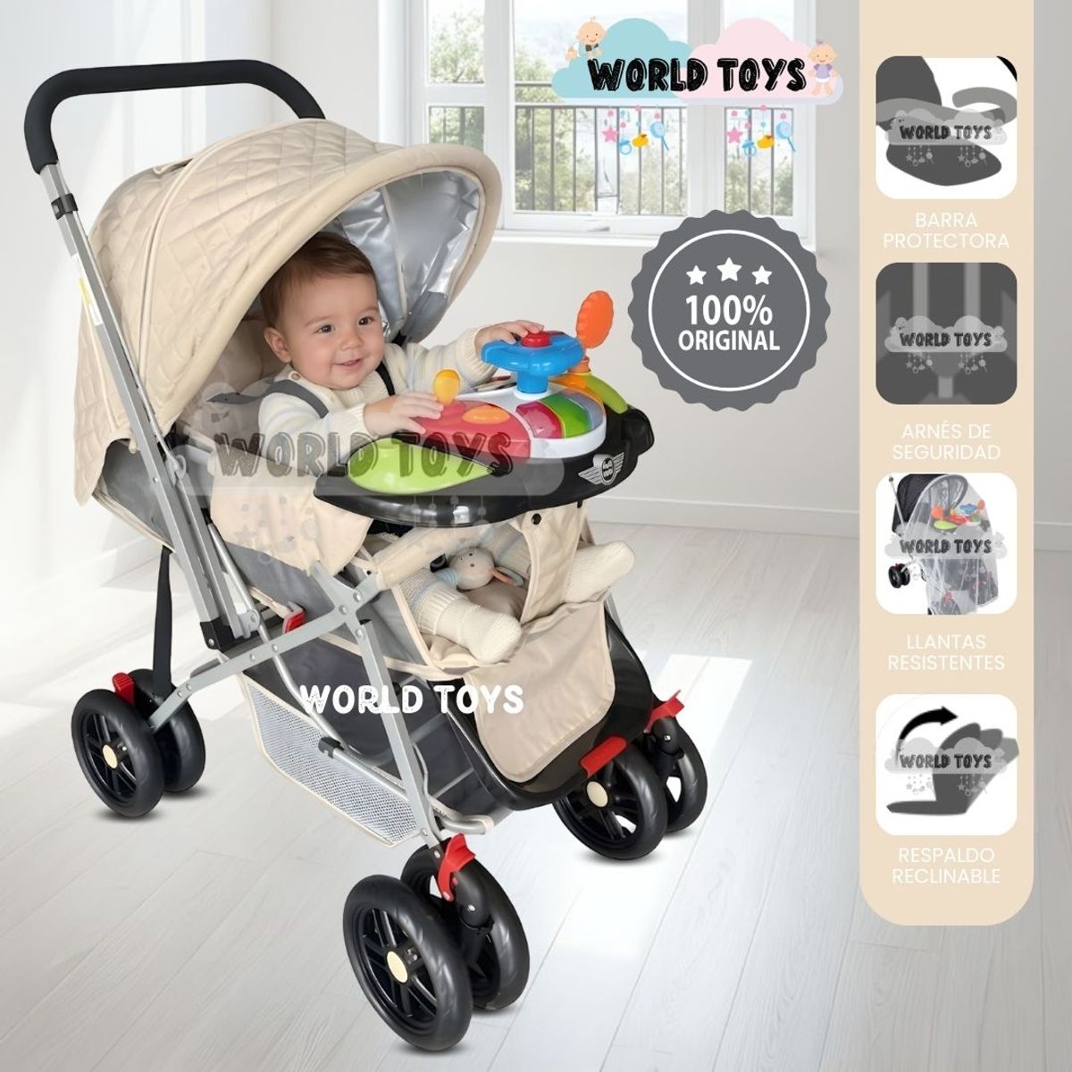 Baby - Coche Cuna Didáctico «SHABY» con Mango Reversible Beige