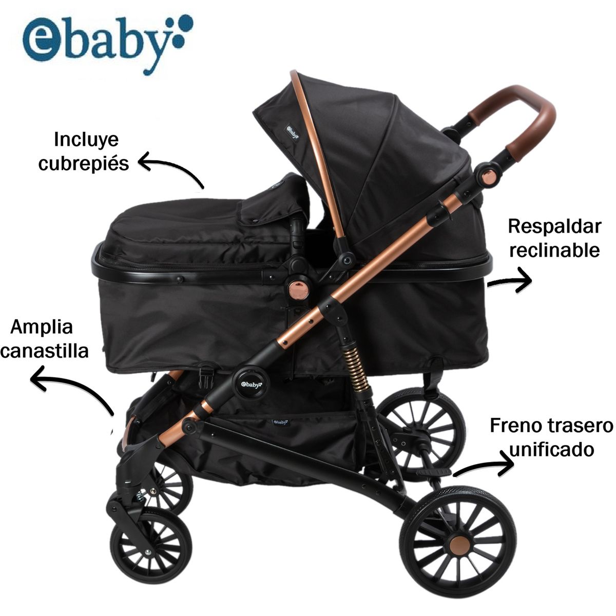 EBABY - Coche de Paseo LEAF con Respaldar Reclinable Negro