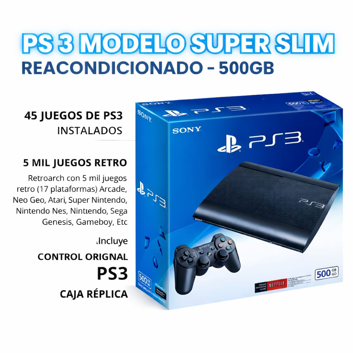 SONY - Consola PlayStation 3 / Ps3 Super Slim Reacondicionado 500GB + 5000 Juegos
