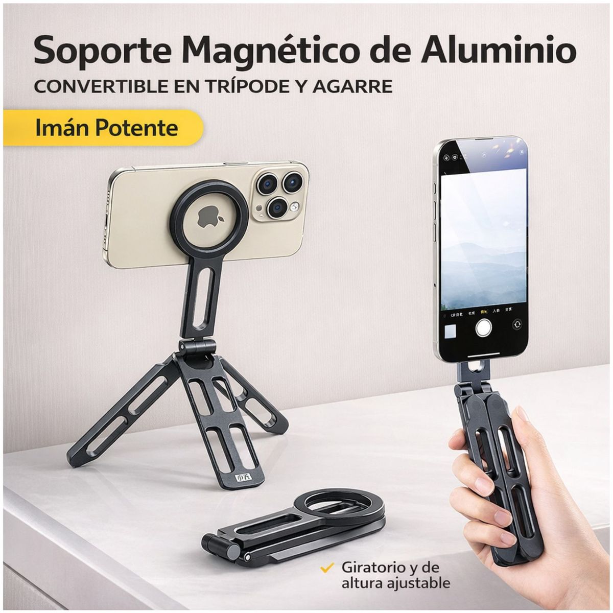 Soporte Celular Magnético Trípode Selfie de Aluminio Portátil Compatible Magsafe con Aro Incluido, marca OEM - Foto 2