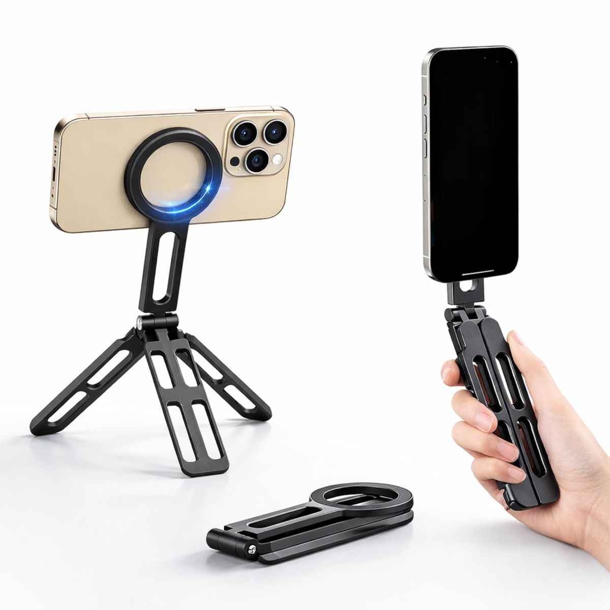 OEM - Soporte Magnético Para Celular Trípode Plegable De Aluminio Compatible Magsafe Con Aro Para Android