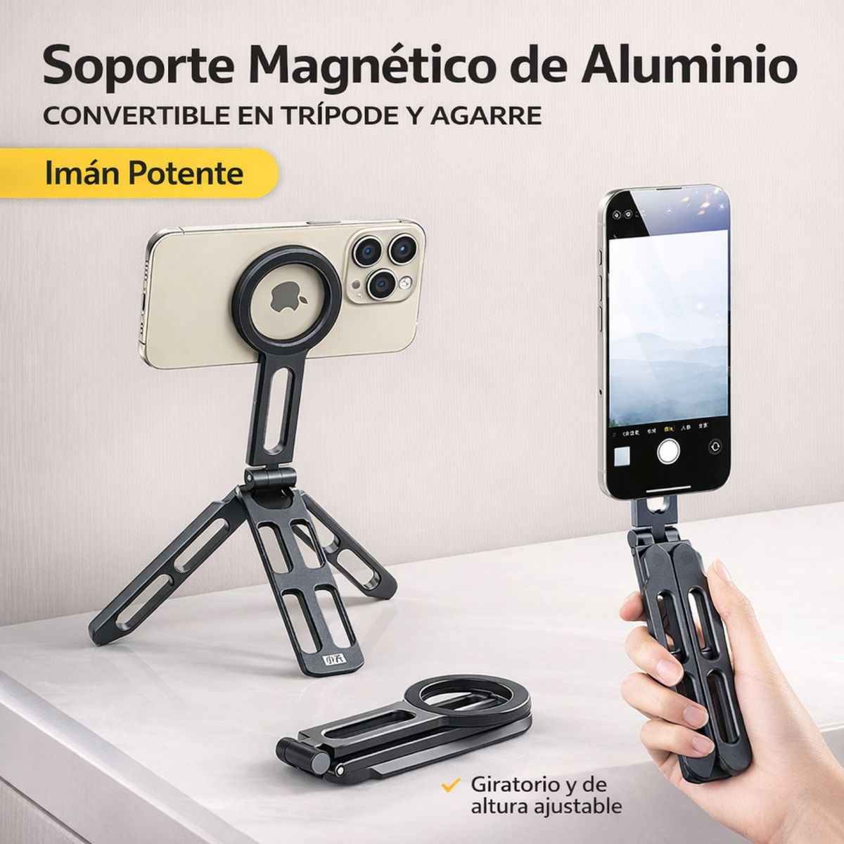 OEM - Soporte Magnético Para Celular Trípode Plegable De Aluminio Compatible Magsafe Con Aro Para Android