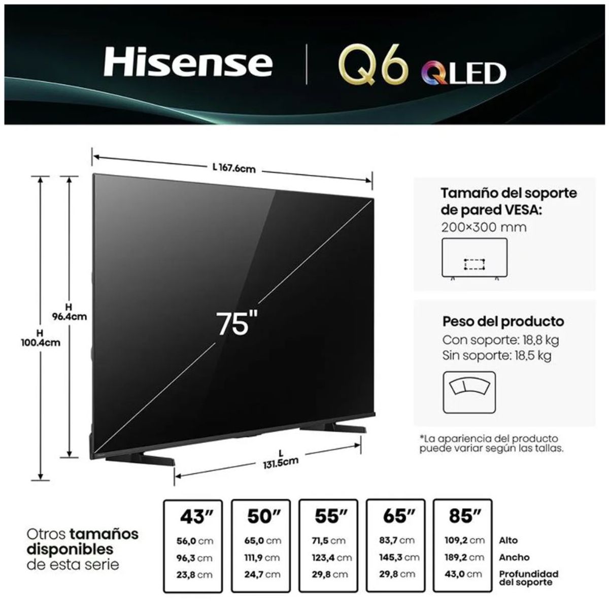 HISENSE - TELEVISOR  HISENSE 75”  4K ULTRA HD SMART TV 75Q6QV
