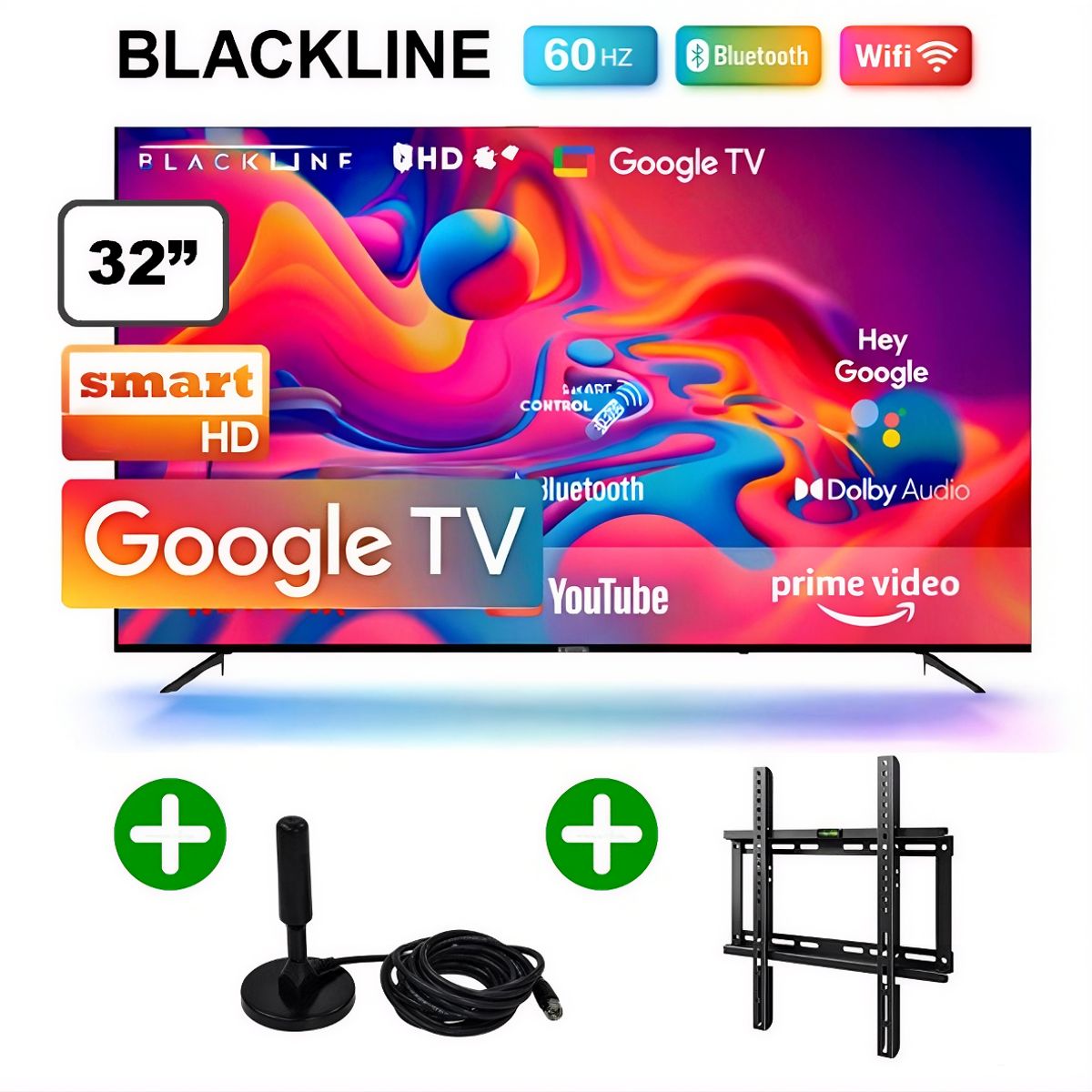 BLACKLINE - Televisor Blackline 32 Pulgadas Smart Tv Google TV HD BL32-T3000HD + Antena Digital (Nuevo Modelo)