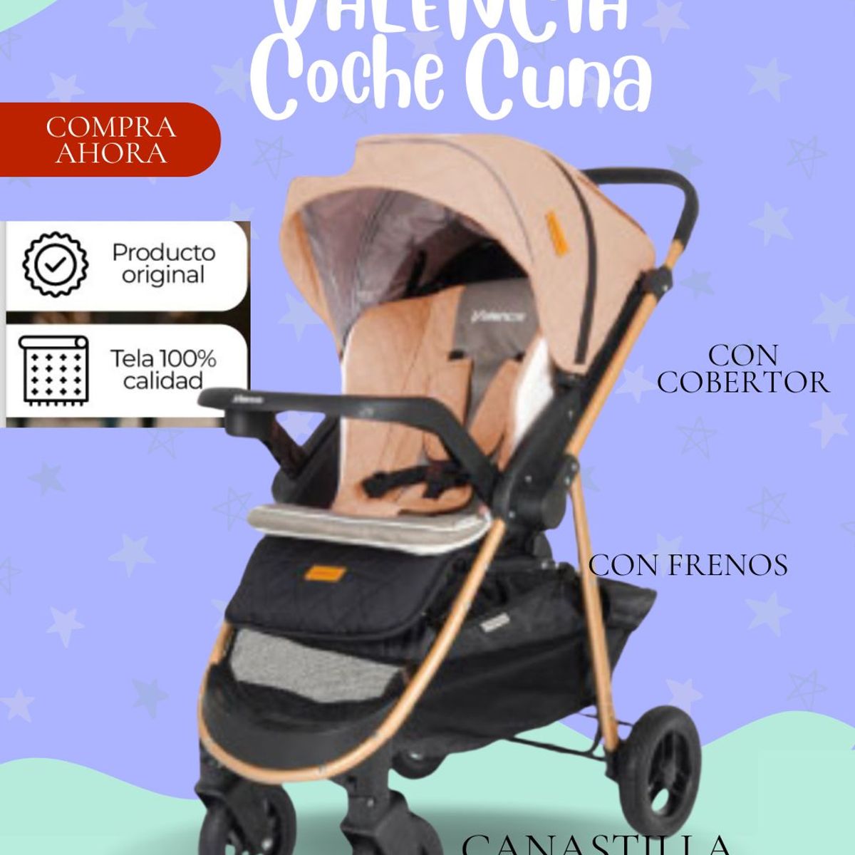 GENERICO - Coche Cuna Modelo VALENCIA - Color NARANJA. - PREMIUM