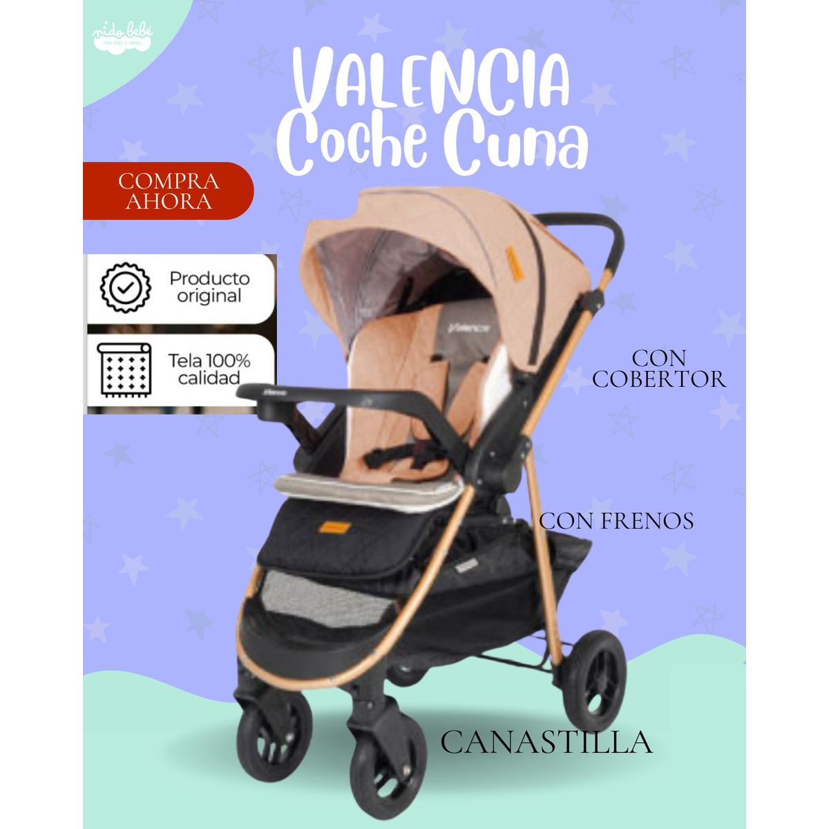 GENERICO - Coche Cuna Modelo VALENCIA - Color NARANJA. - PREMIUM