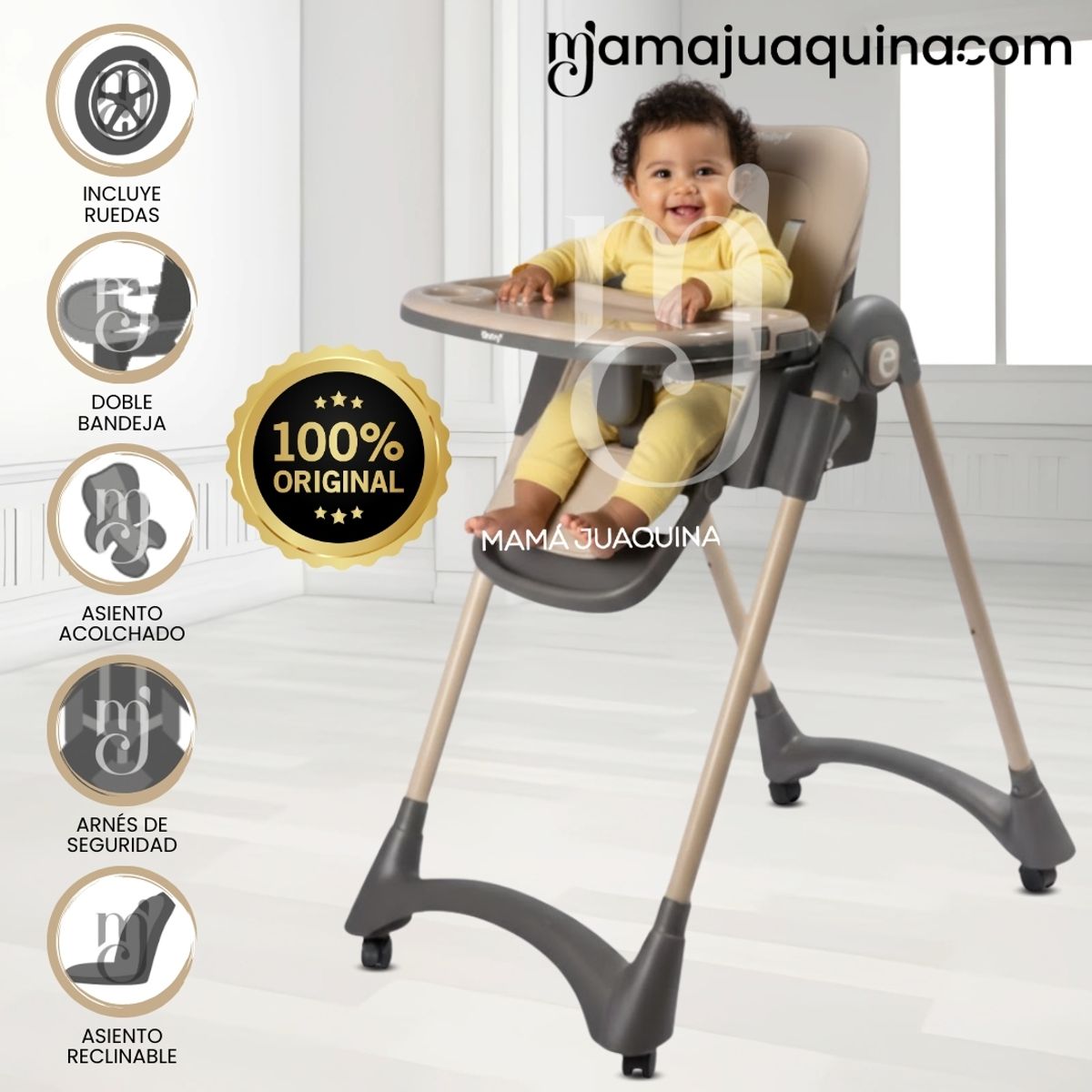 Baby - Silla de Comer Plegable «ALAI»  con Rueditas Beige