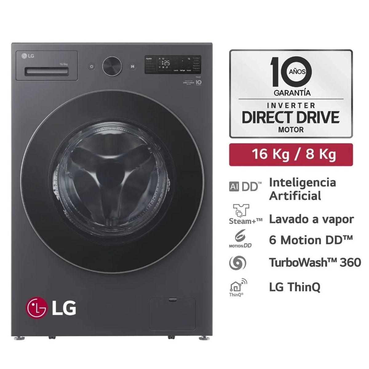 LG - Lavaseca 168KG IA Carga Frontal Grafito LG WD16EGNTS6P
