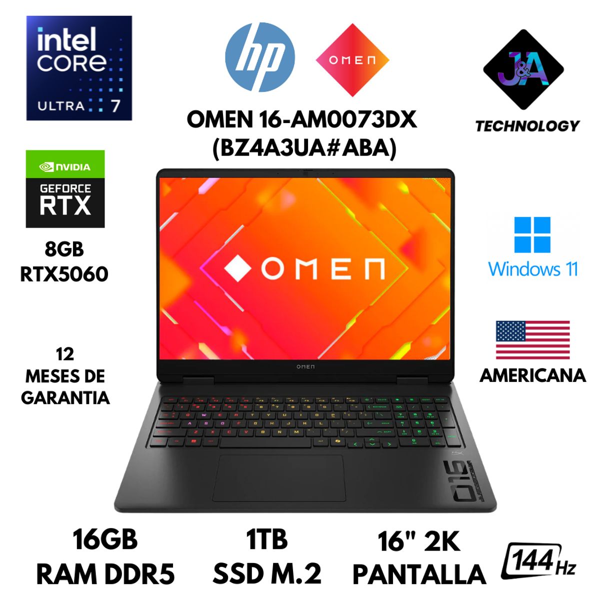HP - LAPTOP HP OMEN 16-AM0073DX ULTRA 7 255H 16GB RAM DDR5 1TB SSD 8GB RTX5060 16" WUXGA WIN 11 AMERICANA